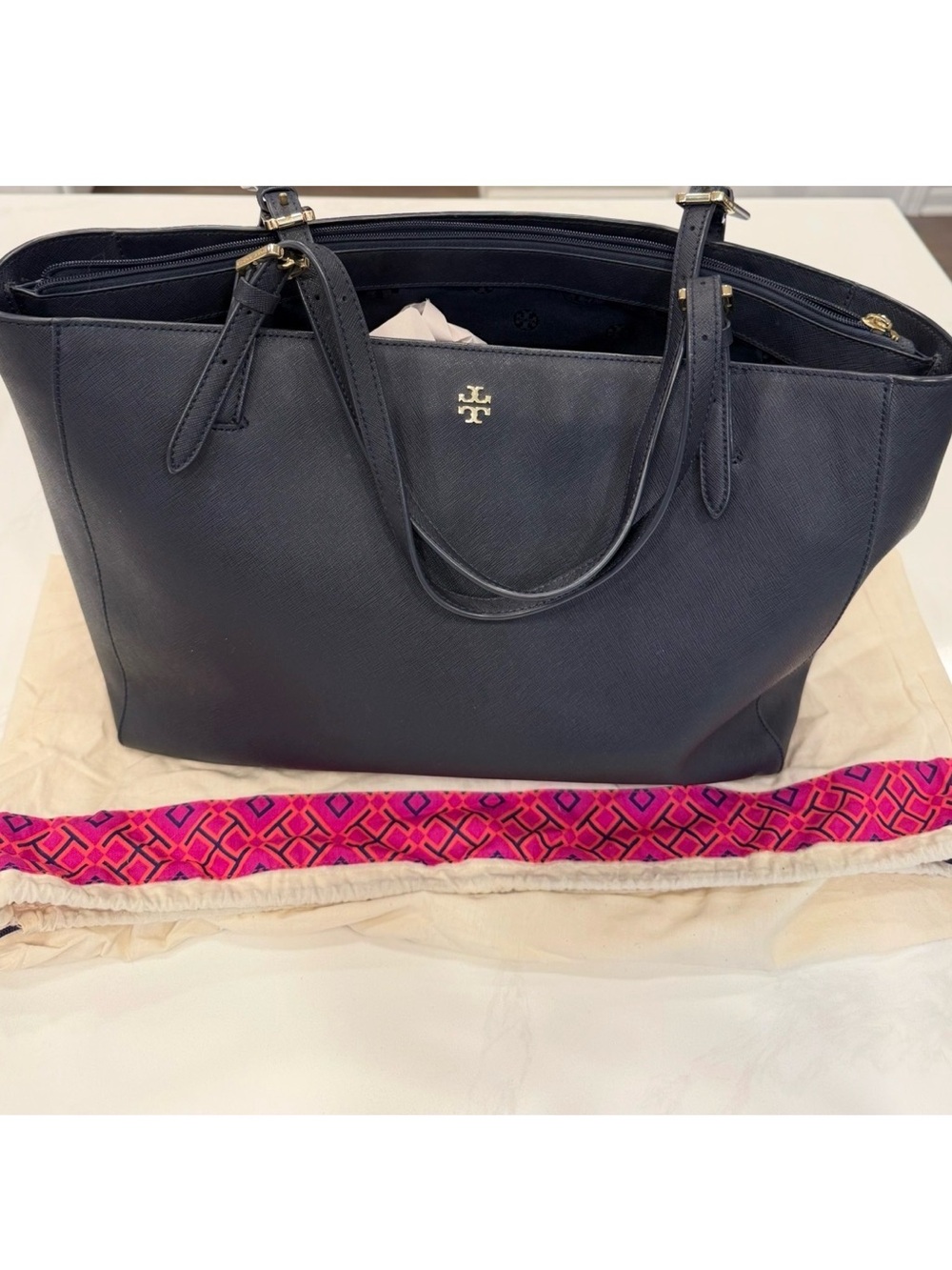 Tory Burch Navy Saffiano Leather Tote with Gold Logo